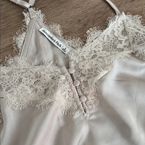 Abercrombie & Fitch Women’s Lace-Trimmed Cream Satin Bodysuit - Picture 2 of 5